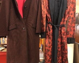 More vintage clothes: pink knit dress w/ brown striped jacket (from shop at Olympic Hotel), men’s satin robe