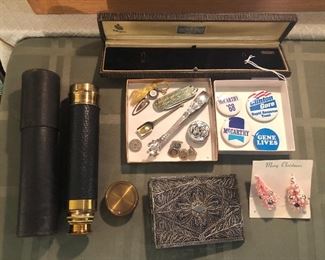 French spyglass + case, silver filigree cigarette case, Gorham Chantilly sterling sugar tongs, silver snuff box, McCarthy political buttons, vintage Xmas tree earrings