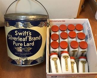 Old lard pail, set of 18 milk glass spice jars (Griffith Labs)