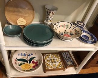 Russel Wright Steubenville seafoam plates, Quimper bowl, willow ware, tile trivets