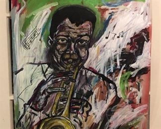 1993 painting of trumpet player by Seattle artist & athlete Sam Pierce (paper size 22.5” x 35, signed & dated lower left)