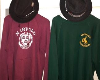 1980s Harvard hoodie & Roosevelt H.S. sweatshirt, vintage Stetson fedoras (“The Eagle & the Gun Club”)