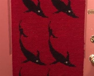 Interesting handwoven rug with sharks (?), 24” x 52”