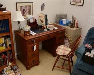 Maddox Tables solid cherry desk and chair, metal file cabinet, bird books, golf books, single lamp, desk set 