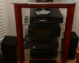 Sony PS-LX500 turntable, Sony 5 DVD/CD changer, Yamaha AV HTR-5740 receiver, Sony Hi-fi SLV-740HF stereo, Sony stereo TC-W370 cassette deck, Yamaha sub woofer, Yamaha speakers, shelf unit