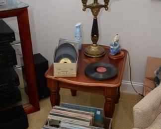 albums, 45's, 78's, side table, single lamp, clown figurine
