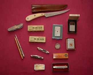 pocket knives, Zippo lighter, pens, knife/sheath