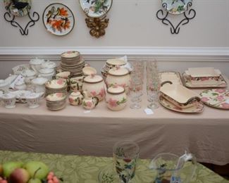 House of Webster, A.R.Rogers china, Franciscan Desert Rose china, glasses, cannisters, cake plate/server, miscellaneous serving pieces