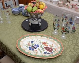stems with roses, large platter, hand painted pitcher and tea glasses, lazy susan, holder/artificial fruit