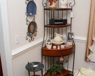 Corner single drawer shelf, Biscotti jar, Bose radio - sold, McCoy pitcher and bowl, marble and wood triple plant stand/table, Accent plates and holder