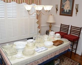 Pyrex, Corning Ware, FireKing, Glasbake, Anchor Hocking - pie plates, casseroles, pedestal cake plate and cover, pair bar stools  