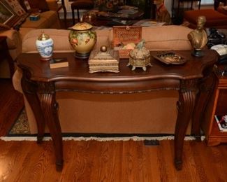 sofa table, miscellanous boxes, urns, bust, plate