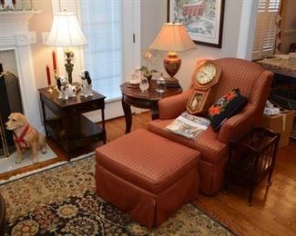 chair, matching ottoman, magazine rack, wall clock, lamps, side tables, figurines, brass candlesticks