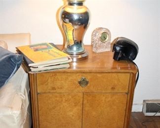 Pair mid century Widdicomb burl night stands (matching dresser available) & pair mercury glass lamps