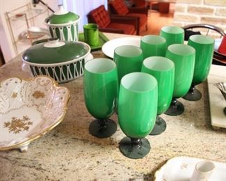 Cased green glass goblets