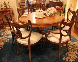 Antique burl wood top round dining table with 6 decorative lyre back chairs