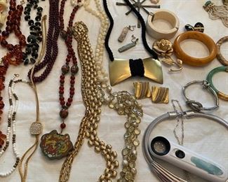 amber; cloissone; jade; sterling; costume – Trifari, Ciner, Marvella, Panetta, etc; pearls;
