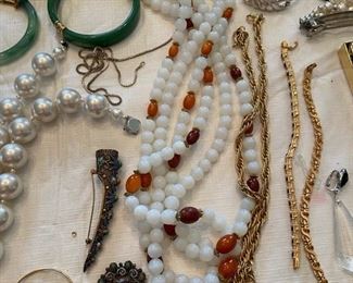 amber; cloissone; jade; sterling; costume – Trifari, Ciner, Marvella, Panetta, etc; pearls;