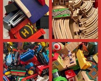 Large set of wood railway toys/pieces by Thomas the Tank Engine being sold as one set. Engines and cars, track, buildings, misc people/trees/signals/etc. 