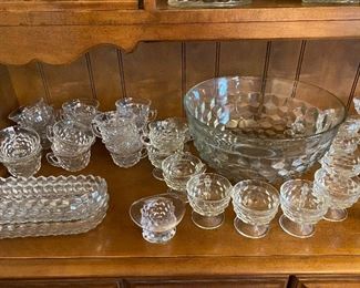 Fostoria American clear punch bowl, cups, glasses, dishes