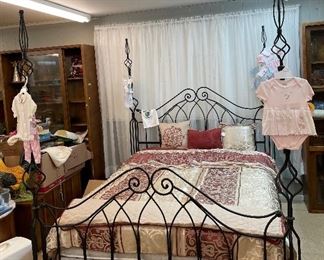 Wrought Iron Frame Queen Size Bed, Assorted Children's Clothing with Tags