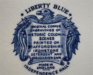 Handpainted on Staffordshire Ironstone Liberty Blue Engravings of Historic Colonial Scenes "Independence Hall" England