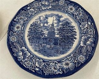 Handpainted on Staffordshire Ironstone Liberty Blue Engravings of Historic Colonial Scenes "Independence Hall" England