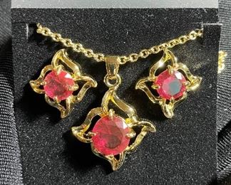 Sterling Pendant Ruby Like Stones 14K Plated Necklace and Pierced Earrings