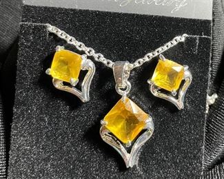 Sterling Pendant Topaz/Citrine Type Stone 14K Plated Necklace and Pierced Earrings