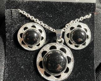 Sterling Pendant Onyx Style Stones Sterling Silver Necklace and Pierced Earrings