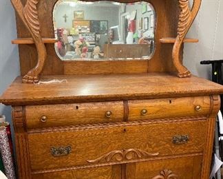 Antique Tiger Oak Sideboard/Buffet Cabinet with Mirror