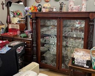 Dresser with Mirror, Plantation Curio Cabinet, Assorted Sewing Machines, PFAFF, Bernina, Singer, Assorted Household Decor