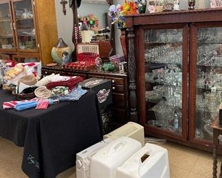 Dresser with Mirror, Plantation Curio Cabinet, Assorted Sewing Machines, PFAFF, Bernina, Singer, Assorted Household Decor
