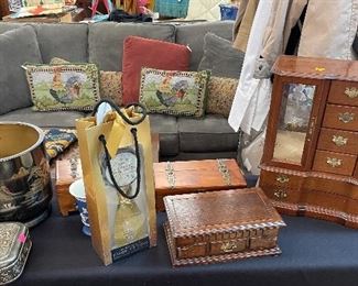 Like New Sofa, Throw Pillows, Teak Deep Carved Coffee Table, Jewelry Boxes, Gift Items