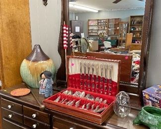 Chest of Drawers with Mirror, 1847 Silver Plated Flatware, Assorted Household Decor
