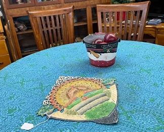 Dining Table with Six Chairs Two Leaves, German Wall Deor', Hand Crafted/Painted Tin Bucket, Faux Persimmons 