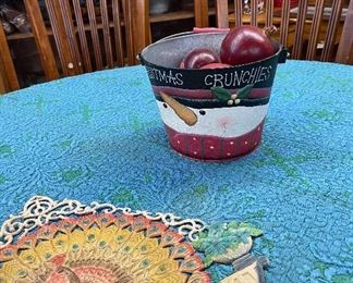 Dining Table with Six Chairs Two Leaves, German Wall Deor', Hand Crafted/Painted Tin Bucket, Faux Persimmons 