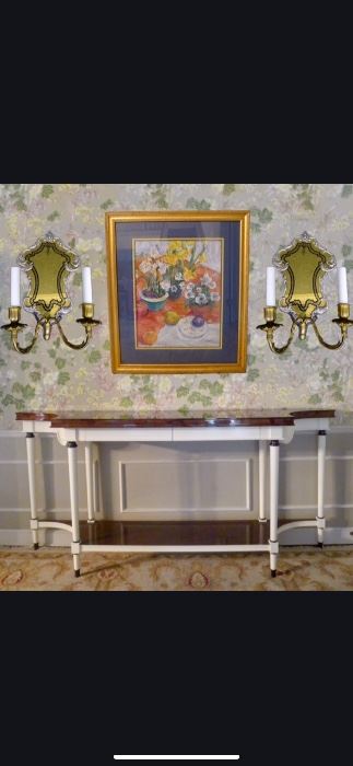 ANDRE ARBUS Very Fine “LE METRO” console in white lacquer  and Burled Walnut

Above console: EXTREMELY RARE FINE SIGNED CALDWELL wall sconces 