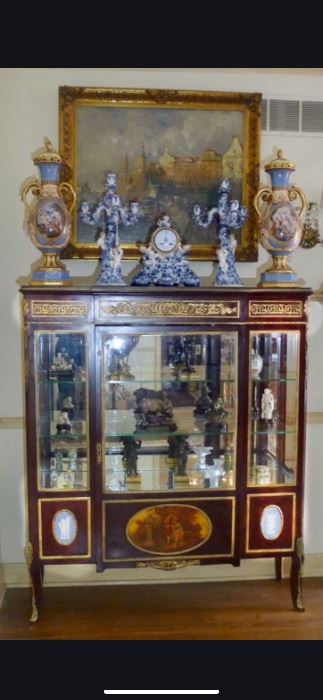 19th Century Louis XV Style Bronze Mounted Vitrine with Beveled Glass, Vernis Martin & Wedgewood Mounts and Rouge Marble Top 