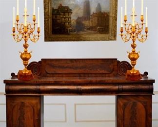 Fine American Early  (circa 1820) Federal Mahogany Three Part Sideboard 

Pair of Large 19th Century Very Ornate Gilt Bronze Candelabras

19th Century Oil on Canvas of a European Scene in Giltwood Frame