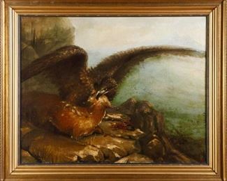 IMPRESSIVE 19th century oil on canvas of Eagle and its prey on rock ledge. Artist signed illegibly