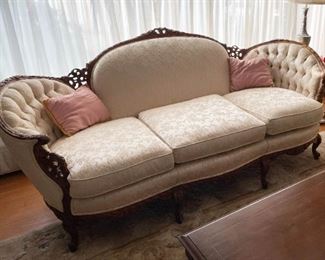 Pretty Antique / Vintage Carved Wood Sofa with Tufted Sides (Photo 1 of 3)