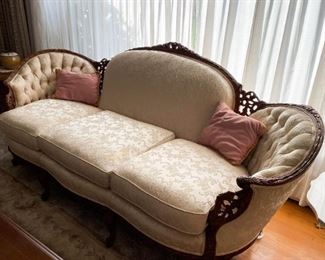 Pretty Antique / Vintage Carved Wood Sofa with Tufted Sides (Photo 2 of 3)