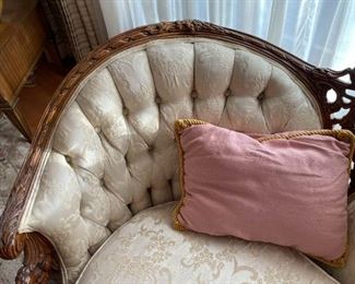Pretty Antique / Vintage Carved Wood Sofa with Tufted Sides (Photo 3 of 3)