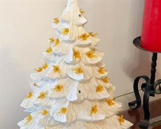 White Ceramic Christmas Tree with Yellow Bird Lights, Some Damage (Photo 1 of 2)