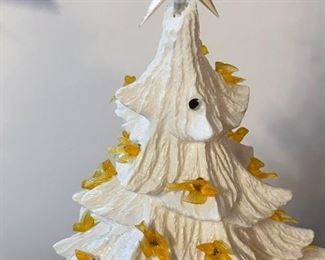 White Ceramic Christmas Tree with Yellow Bird Lights, Some Damage (Photo 2 of 2)