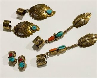 Native American Cuff Earrings with Turquoise & Coral (Gold Wash)