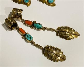 Native American Cuff Earrings with Turquoise & Coral (Gold Wash)