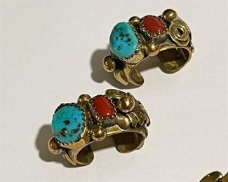 Native American Cuff Earrings with Turquoise & Coral (Gold Wash)