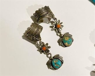 Native American Cuff Earrings with Turquoise & Coral